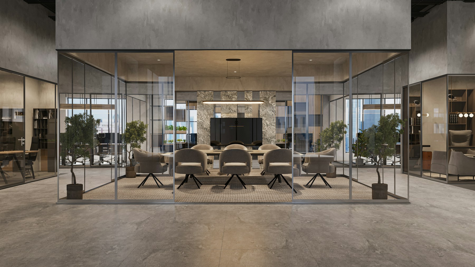 A glass-walled meeting room arranged for considered collaboration